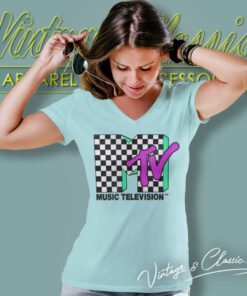 Mtv Checkered Distressed V Neck TShirt