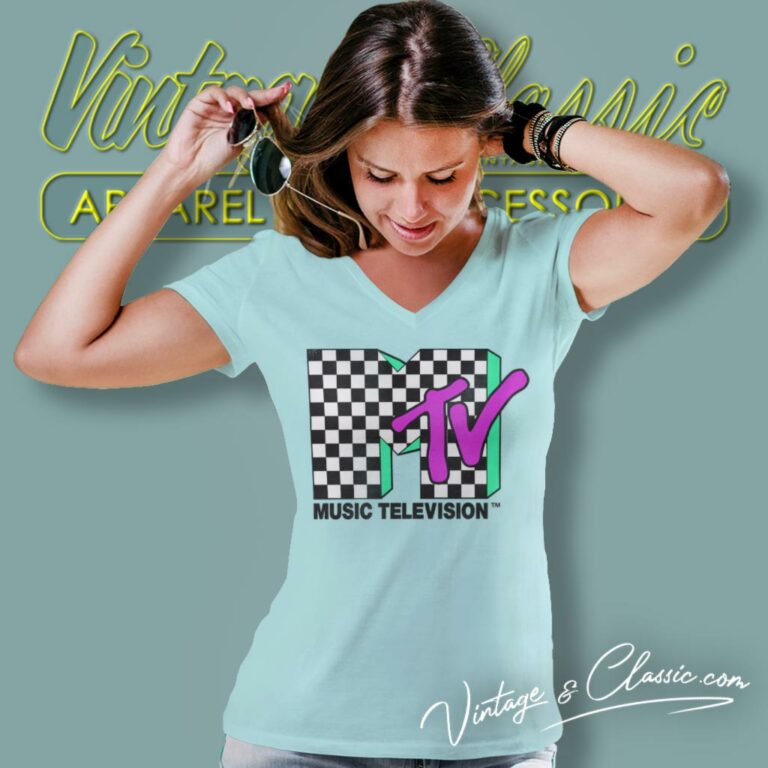 Mtv Checkered Distressed V Neck TShirt Mtv Checkered Distressed V Neck TShirt