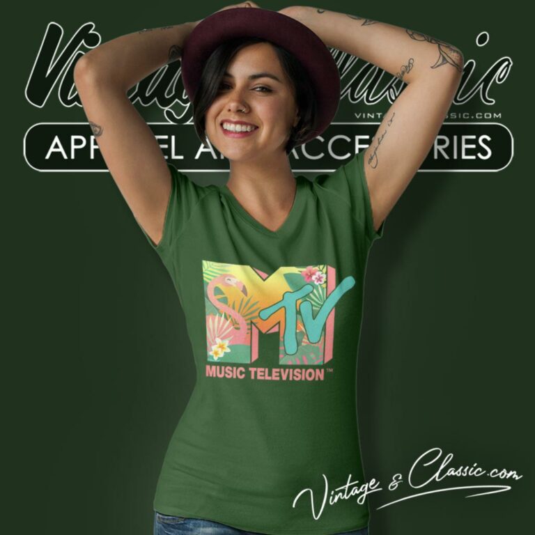 Mtv Flamingo Tropical Paradise V Neck TShirt Mtv Flamingo Tropical Paradise V Neck TShirt