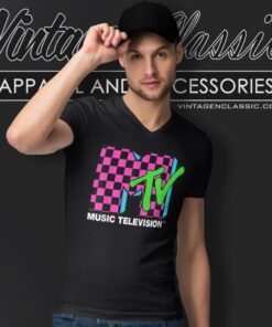 Mtv Logo Pink And Blue V Neck TShirt