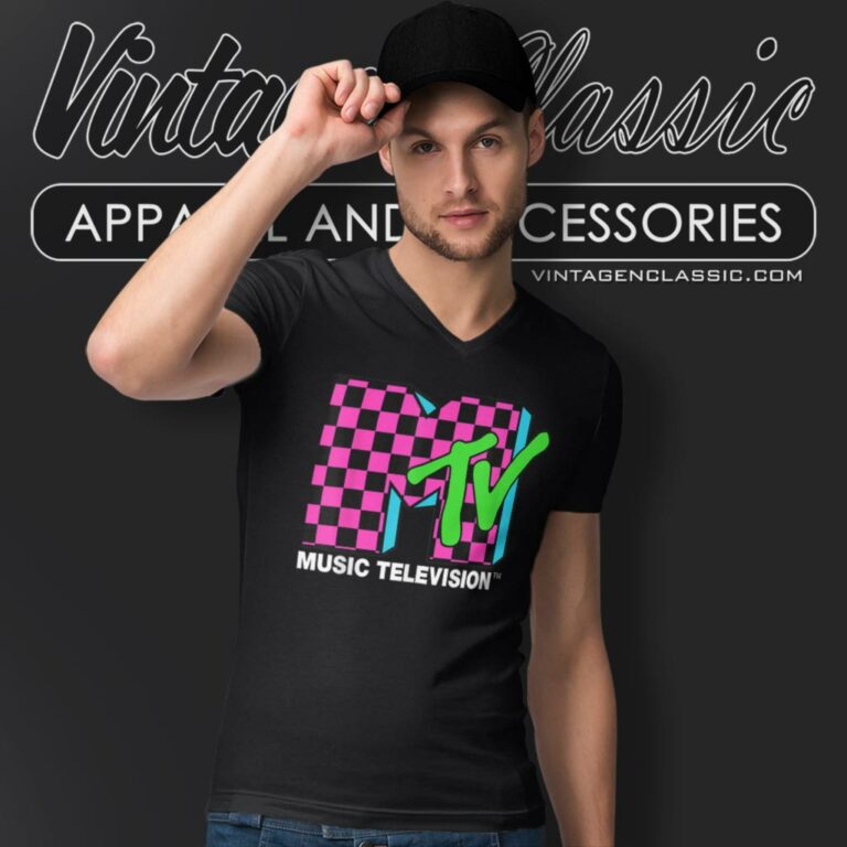 Mtv Logo Pink And Blue V Neck TShirt Mtv Logo Pink And Blue V Neck TShirt