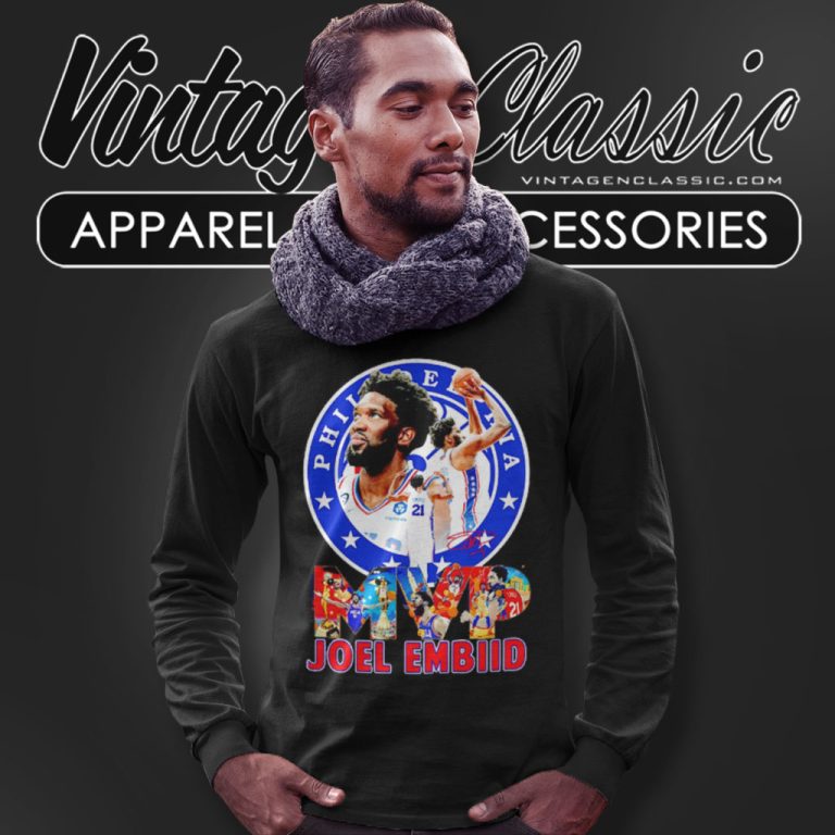 Mvp Joel Embiid Philadelphia 76ers Signature Long Sleeve Tee Mvp Joel Embiid Philadelphia 76ers Signature Long Sleeve Tee