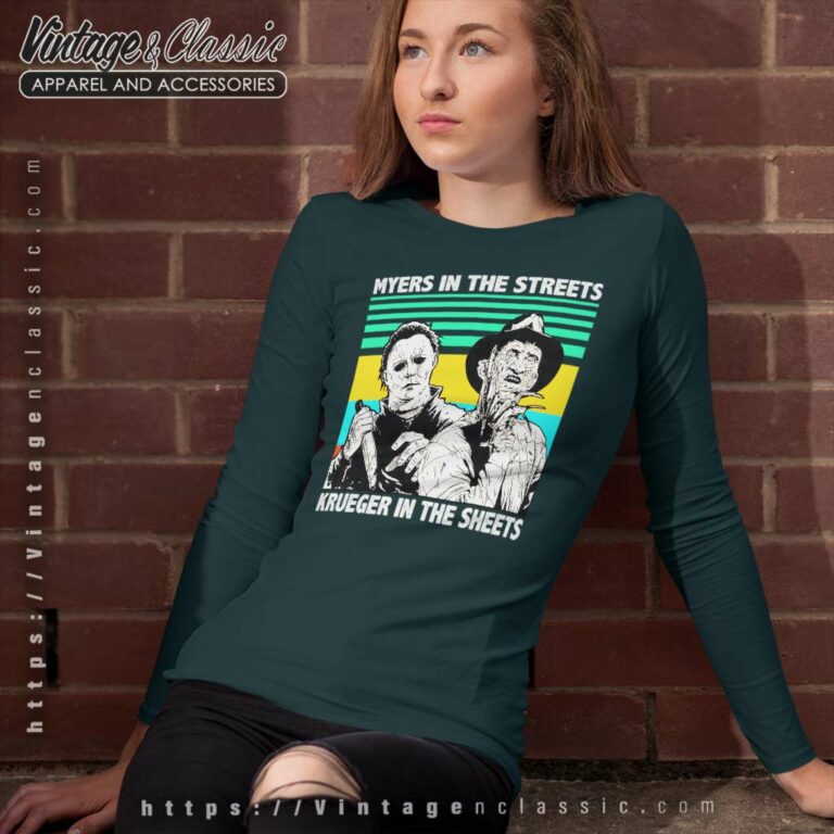 Myers In The Streets Krueger In The Sheets Halloween Long Sleeve Tee 1 Myers In The Streets Krueger In The Sheets Halloween Long Sleeve Tee 1