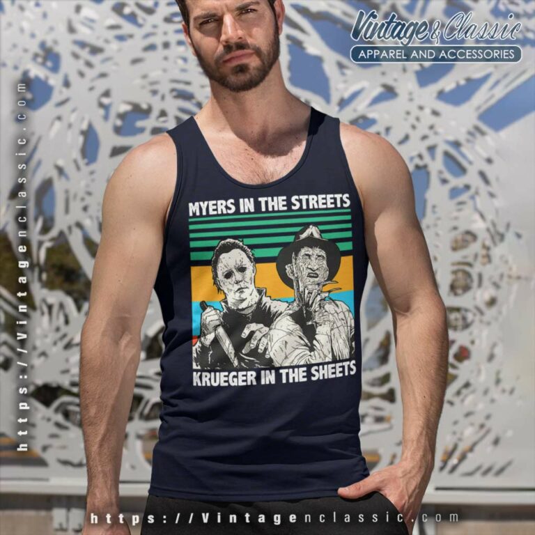 Myers In The Streets Krueger In The Sheets Halloween Tank Top Racerback 1 Myers In The Streets Krueger In The Sheets Halloween Tank Top Racerback 1