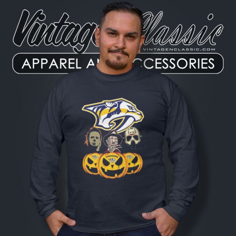 Nashville Predators Halloween Horror Movie Pumpkin Long Sleeve Tee Nashville Predators Halloween Horror Movie Pumpkin Long Sleeve Tee