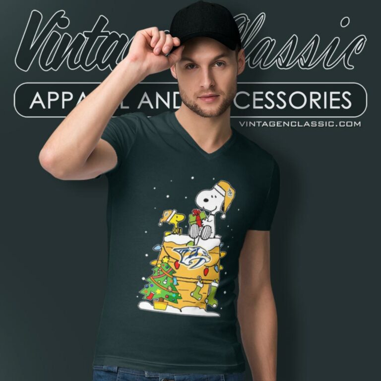 Nashville Predators Snoopy And Woodstock Christmas Tree V Neck TShirt Nashville Predators Snoopy And Woodstock Christmas Tree V Neck TShirt