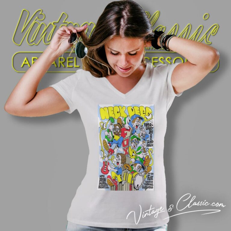 Neck Deep The Fox Theater Pomona Ca Tour 2024 Poster V Neck TShirt Neck Deep The Fox Theater Pomona Ca Tour 2024 Poster V Neck TShirt