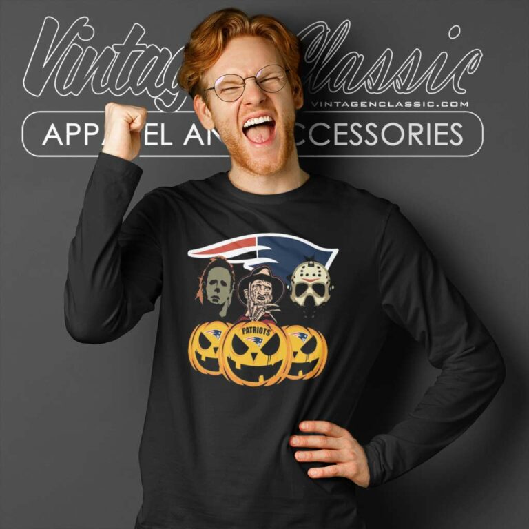 New England Patriots Freddy Krueger Michael Myers Jason Voorhees Pumpkin Halloween Long Sleeve Tee New England Patriots Freddy Krueger Michael Myers Jason Voorhees Pumpkin Halloween Long Sleeve Tee