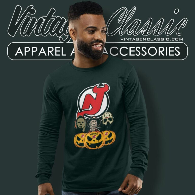 New Jersey Devils Halloween Horror Movie Pumpkin Long Sleeve Tee New Jersey Devils Halloween Horror Movie Pumpkin Long Sleeve Tee