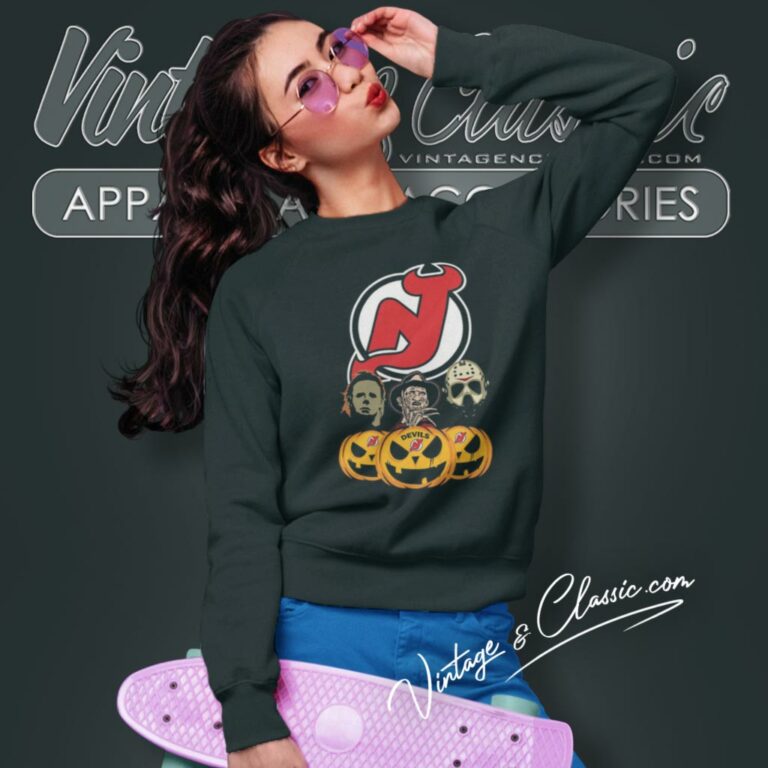 New Jersey Devils Halloween Horror Movie Pumpkin Sweatshirt New Jersey Devils Halloween Horror Movie Pumpkin Sweatshirt