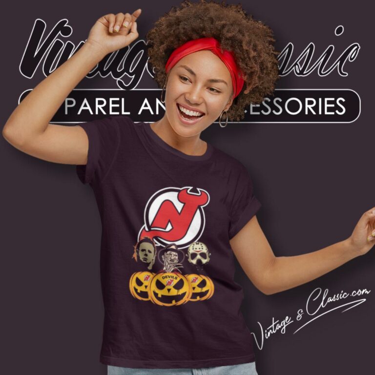 New Jersey Devils Halloween Horror Movie Pumpkin Women T Shirt New Jersey Devils Halloween Horror Movie Pumpkin Women T Shirt