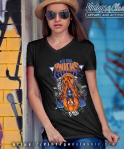 New York Knicks Spiderman Basketball Black V Neck TShirt