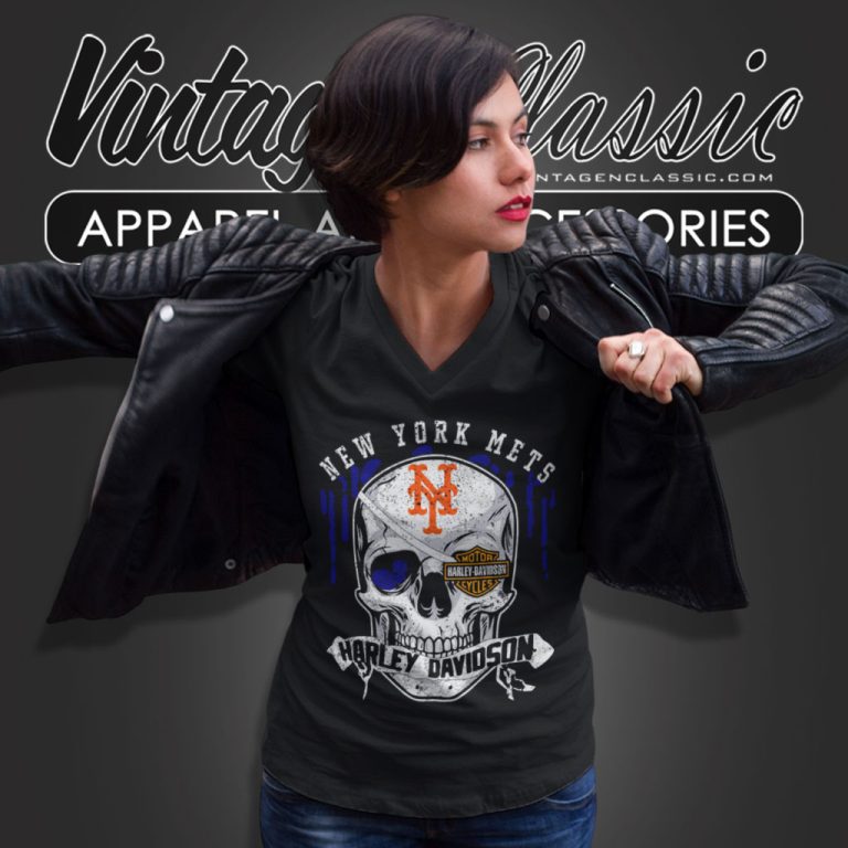 New York Mets Harley Davidson Skull V Neck TShirt New York Mets Harley Davidson Skull V Neck TShirt