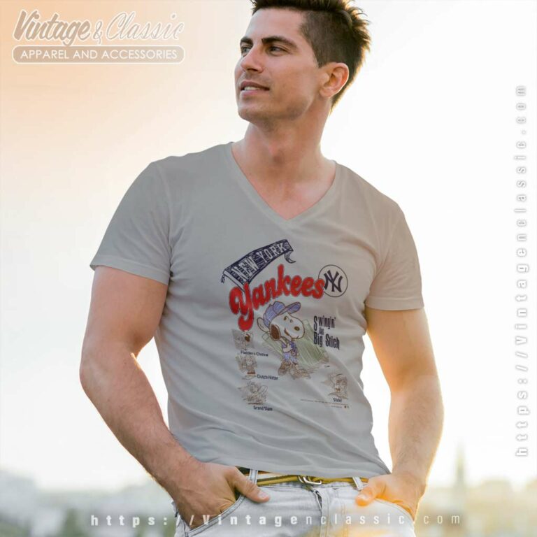New York Yankees Peanuts Swingin The Big Stitch V Neck TShirt New York Yankees Peanuts Swingin The Big Stitch V Neck TShirt