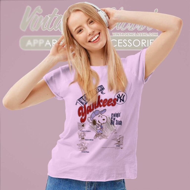 New York Yankees Peanuts Swingin The Big Stitch Women TShirt New York Yankees Peanuts Swingin The Big Stitch Women TShirt