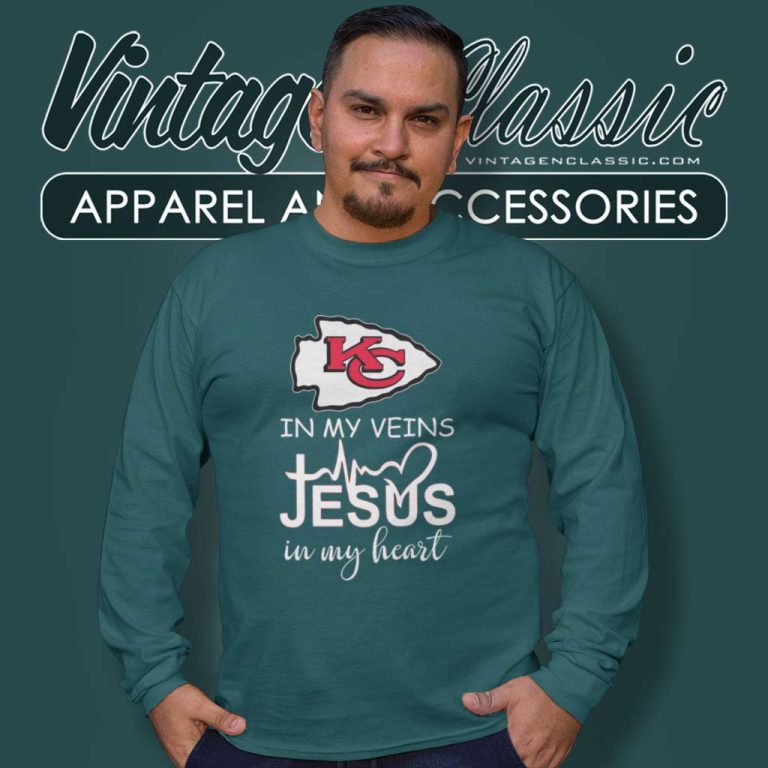 Nfl Chiefs In My Veins Jesus In My Heart Long Sleeve Tee Nfl Chiefs In My Veins Jesus In My Heart Long Sleeve Tee