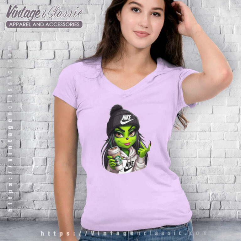 Nike Grinch Girl Drinking Coffee V Neck TShirt Nike Grinch Girl Drinking Coffee V Neck TShirt