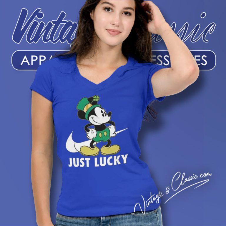 Nike Shamrock Just Lucky Mickey Mouse St Patricks Day V Neck TShirt Nike Shamrock Just Lucky Mickey Mouse St Patricks Day V Neck TShirt