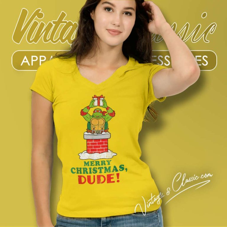 Ninja Turtle From The Chimney Merry Christmas Dude V Neck TShirt Ninja Turtle From The Chimney Merry Christmas Dude V Neck TShirt
