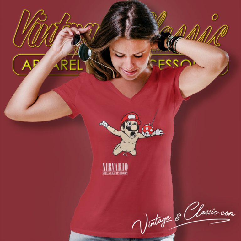 Nirvario Cartoon Nirvana X Mario Shirt Smells Like Mushrooms V Neck TShirt Nirvario Cartoon Nirvana X Mario Shirt Smells Like Mushrooms V Neck TShirt