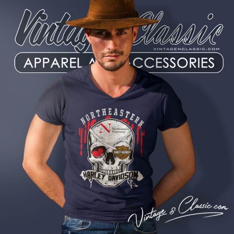 Northeastern University Harley Davidson Skull V Neck TShirt Northeastern University Harley Davidson Skull V Neck TShirt