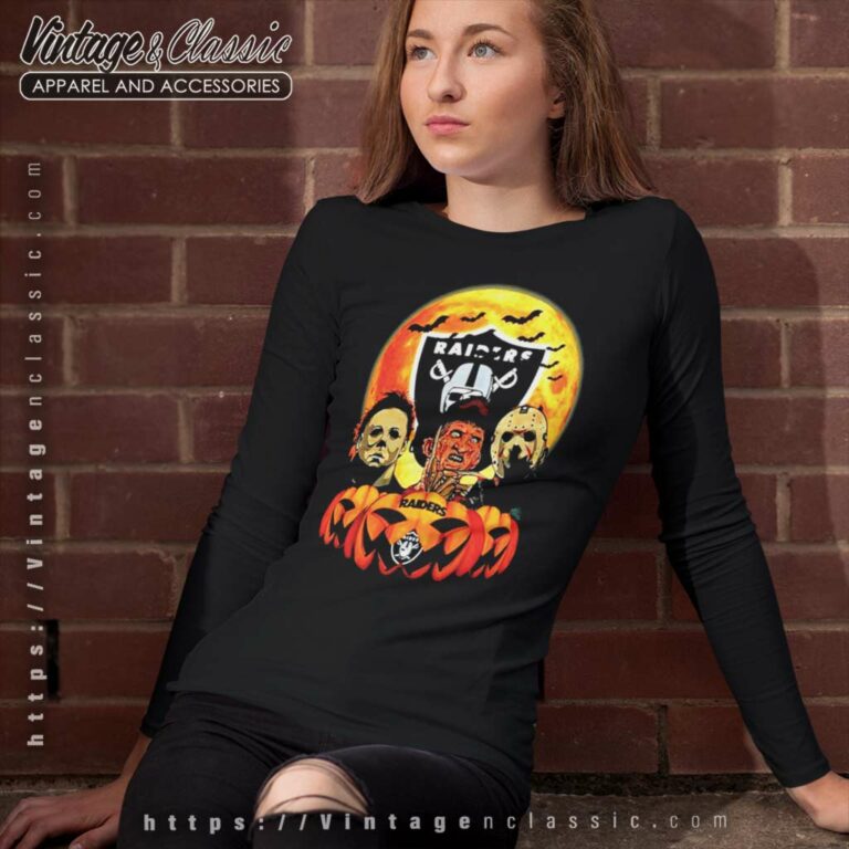 Oakland Raiders Michael Myers Freddy Krueger Jason Voorhees Halloween Long Sleeve Tee Oakland Raiders Michael Myers Freddy Krueger Jason Voorhees Halloween Long Sleeve Tee