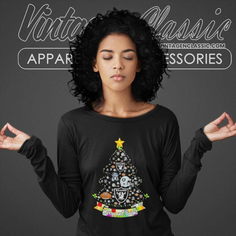 Oakland Raiders Nfl Merry And Bright Christmas Tree Long Sleeve Tee Oakland Raiders Nfl Merry And Bright Christmas Tree Long Sleeve Tee