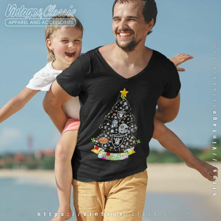 Oakland Raiders Nfl Merry And Bright Christmas Tree V Neck TShirt Oakland Raiders Nfl Merry And Bright Christmas Tree V Neck TShirt