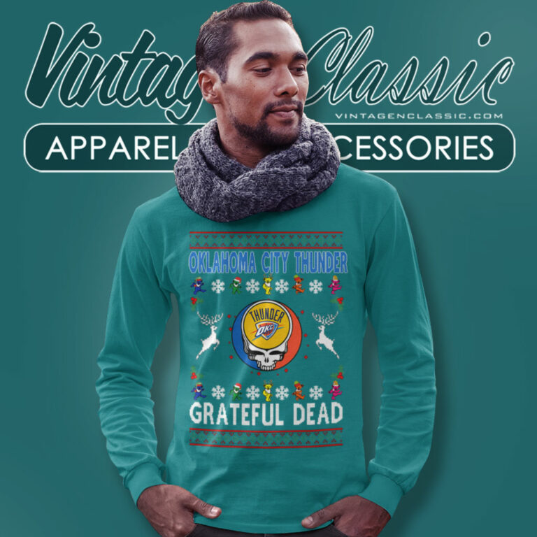 Oklahoma City Thunder Grateful Dead Ugly Christmas Long Sleeve Tee Oklahoma City Thunder Grateful Dead Ugly Christmas Long Sleeve Tee