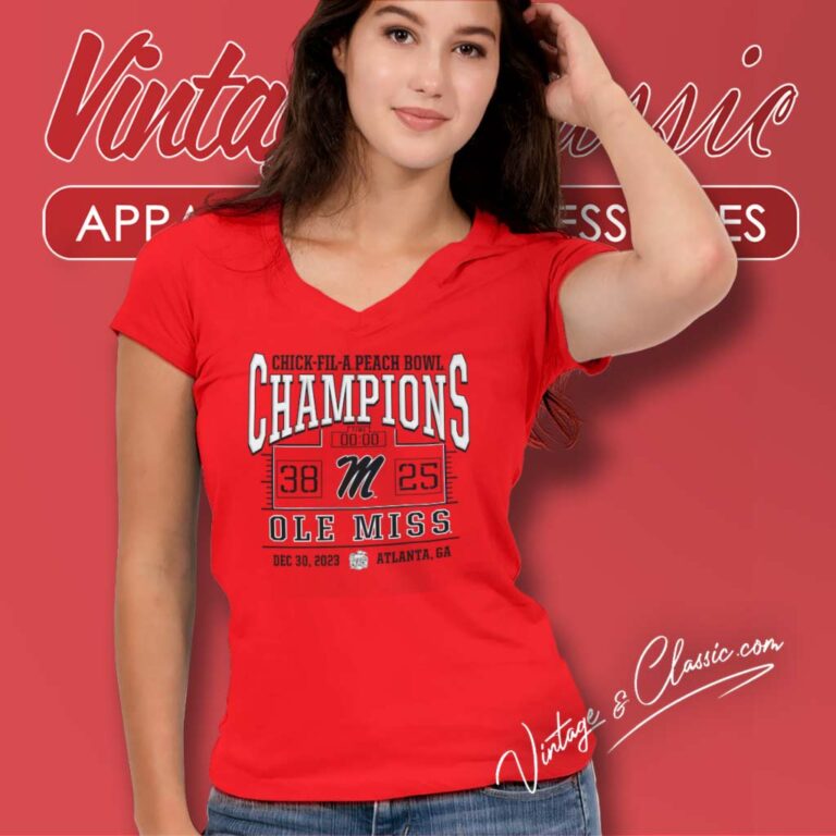 Ole Miss 2023 Peach Bowl Champions Score V Neck TShirt Ole Miss 2023 Peach Bowl Champions Score V Neck TShirt