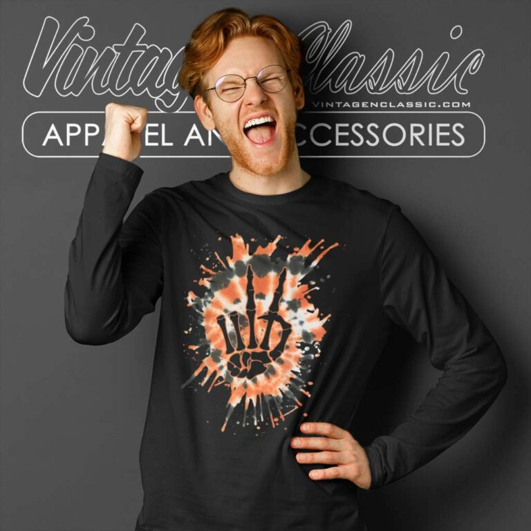 Orange Tie Dye Skeleton Hand Peace Long Sleeve Tee Orange Tie Dye Skeleton Hand Peace Long Sleeve Tee