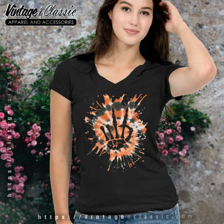 Orange Tie Dye Skeleton Hand Peace V Neck TShirt Orange Tie Dye Skeleton Hand Peace V Neck TShirt