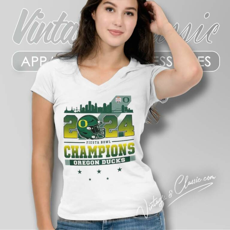 Oregon Ducks Skyline 2024 Fiesta Bowl Champions V Neck TShirt Oregon Ducks Skyline 2024 Fiesta Bowl Champions V Neck TShirt