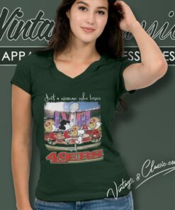 Peanuts Snoopy And Friends Super Bowl Just A Woman Who Loves And San Francisco 49ers V Neck TShirt