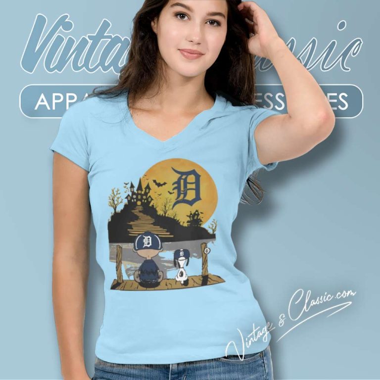 Peanuts Snoopy Charlie Brown Detroit Tigers Sitting Under Moon Halloween V Neck TShirt Peanuts Snoopy Charlie Brown Detroit Tigers Sitting Under Moon Halloween V Neck TShirt