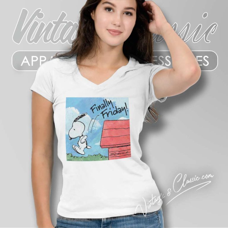 Peanuts Snoopy Finally Friday Jumping Into The Weekend V Neck TShirt Peanuts Snoopy Finally Friday Jumping Into The Weekend V Neck TShirt