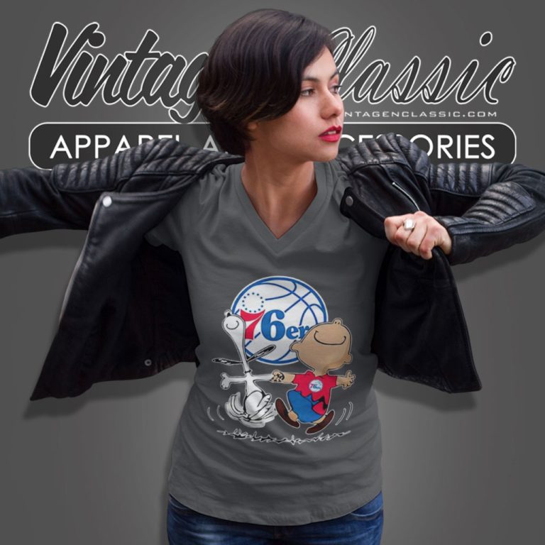 Philadelphia 76ers Charlie Brown Snoopy V Neck TShirt Philadelphia 76ers Charlie Brown Snoopy V Neck TShirt