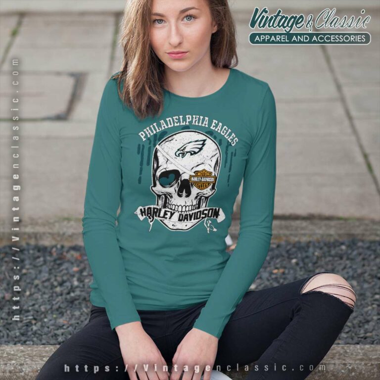 Philadelphia Eagles Harley Davidson Skull Long Sleeve Tee Philadelphia Eagles Harley Davidson Skull Long Sleeve Tee