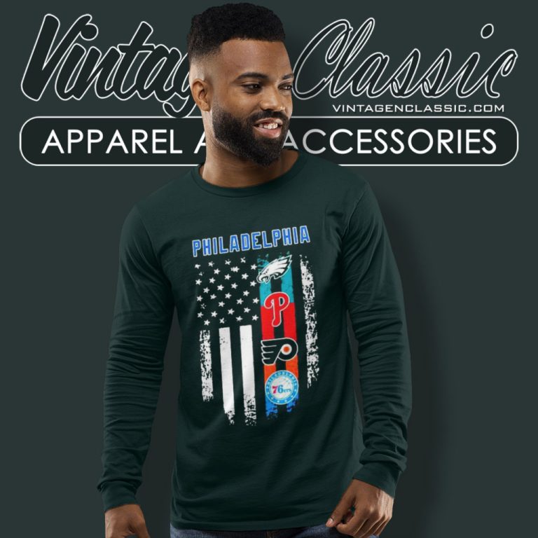 Philadelphia Philadelphia Eagles Phillies Sign Flyers 76ers American Flag Long Sleeve Tee Philadelphia Philadelphia Eagles Phillies Sign Flyers 76ers American Flag Long Sleeve Tee