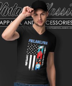 Philadelphia Philadelphia Eagles Phillies Sign Flyers 76ers American Flag V Neck TShirt