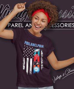 Philadelphia Philadelphia Eagles Phillies Sign Flyers 76ers American Flag Women T Shirt
