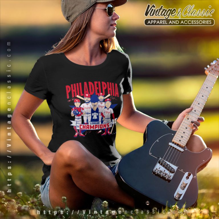 Philadelphia Phillies Baseball Shirt 2023 League Champions Caricature Signature Women T Shirt Philadelphia Phillies Baseball Shirt 2023 League Champions Caricature Signature Women T Shirt