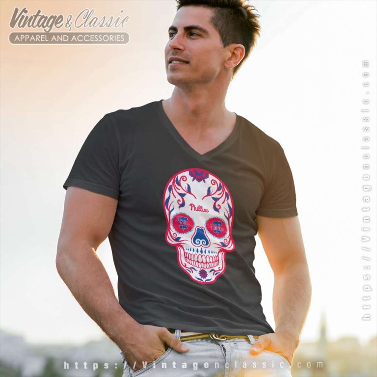 Philadelphia Phillies Sugar Skull V Neck TShirt Philadelphia Phillies Sugar Skull V Neck TShirt