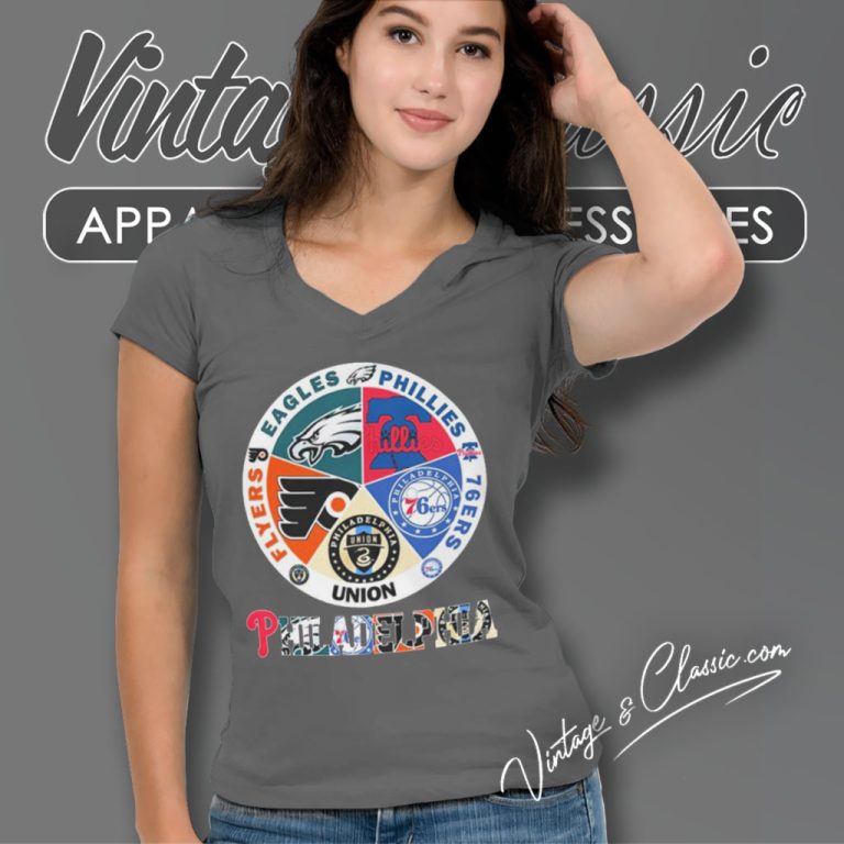 Philadelphia Sports Teams Shirt Eagles Phillies 76ers Union And Flyers V Neck TShirt Philadelphia Sports Teams Shirt Eagles Phillies 76ers Union And Flyers V Neck TShirt
