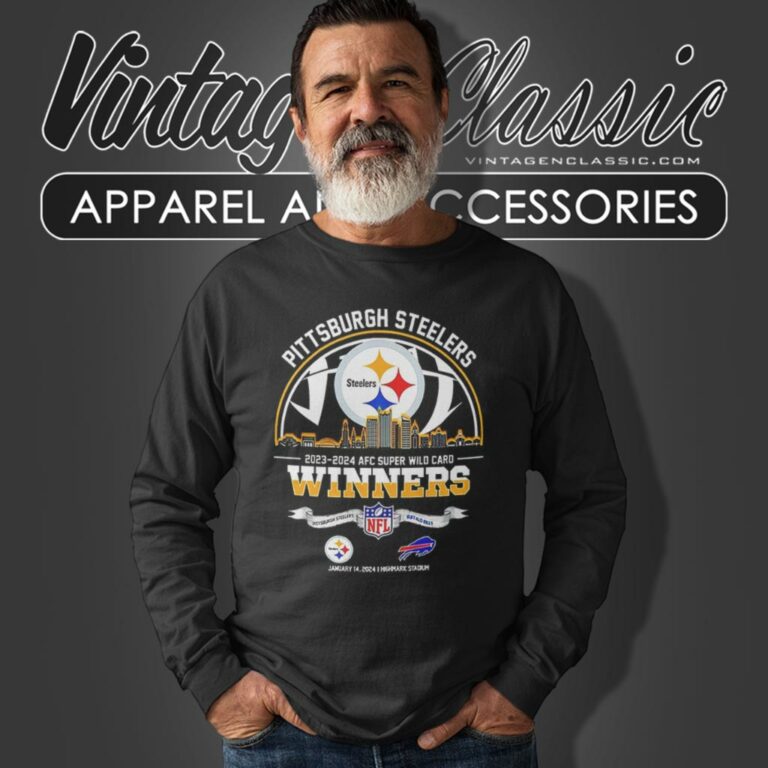 Pittsburgh Steelers 2023 2024 Afc Super Wild Card Winners Skyline Nfl Playoffs Divisional Long Sleeve Tee Pittsburgh Steelers 2023 2024 Afc Super Wild Card Winners Skyline Nfl Playoffs Divisional Long Sleeve Tee