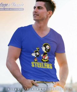 Pittsburgh Steelers Here We Go Steelers Charlie Brown Snoopy And Woodstock V Neck TShirt