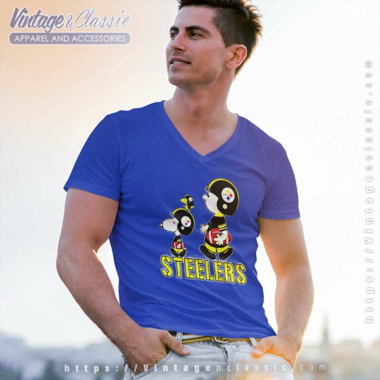 Pittsburgh Steelers Here We Go Steelers Charlie Brown Snoopy And Woodstock V Neck TShirt Pittsburgh Steelers Here We Go Steelers Charlie Brown Snoopy And Woodstock V Neck TShirt
