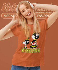 Pittsburgh Steelers Here We Go Steelers Charlie Brown Snoopy And Woodstock Women TShirt