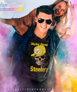Pittsburgh Steelers Skull Motor Harley Davidson Cycles V Neck TShirt