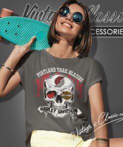 Portland Trail Blazers Harley Davidson Skull Women T Shirt